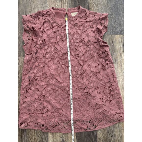 Loft Outlet Women Mauve Pink Floral Lace Flutter Sleeve Mock Neck Blouse Large - Picture 3 of 5